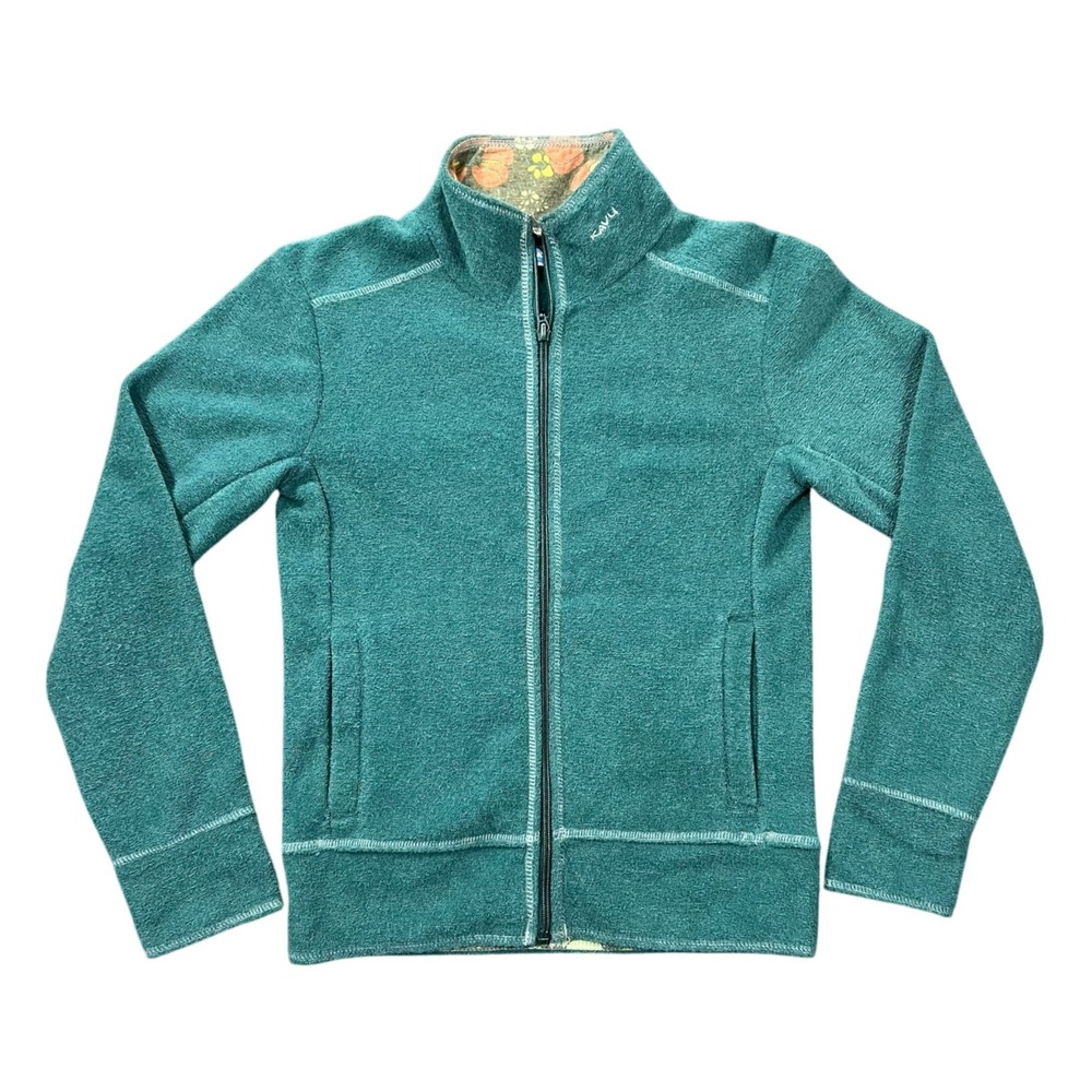 Kavu Teal Fleece Jacket Women's X-Small Floral Trim Pockets Gorpcore Full Zip